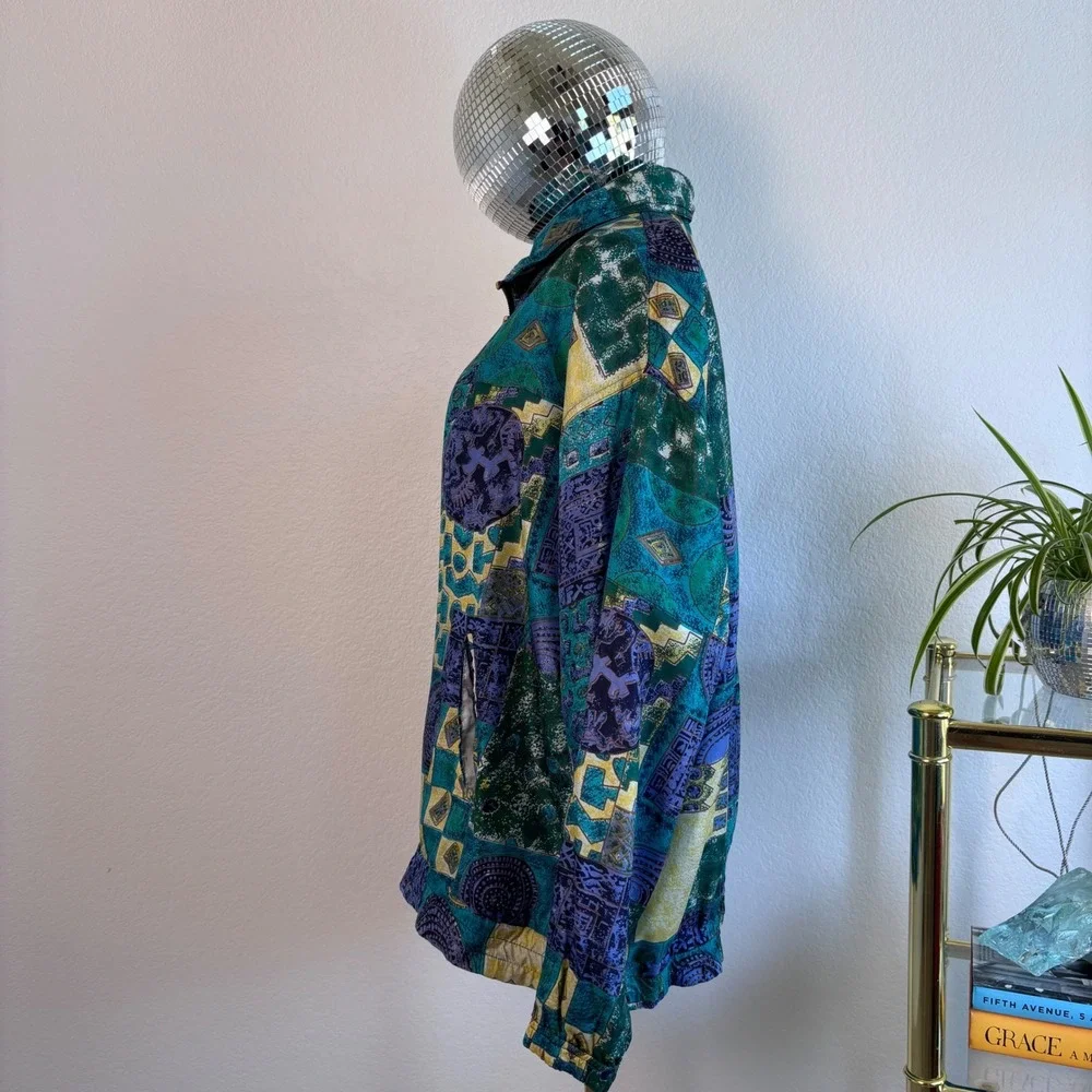 Vintage 80s 100% Silk Abstract Geometric Bomber Jacket Basic Editions Teal Large